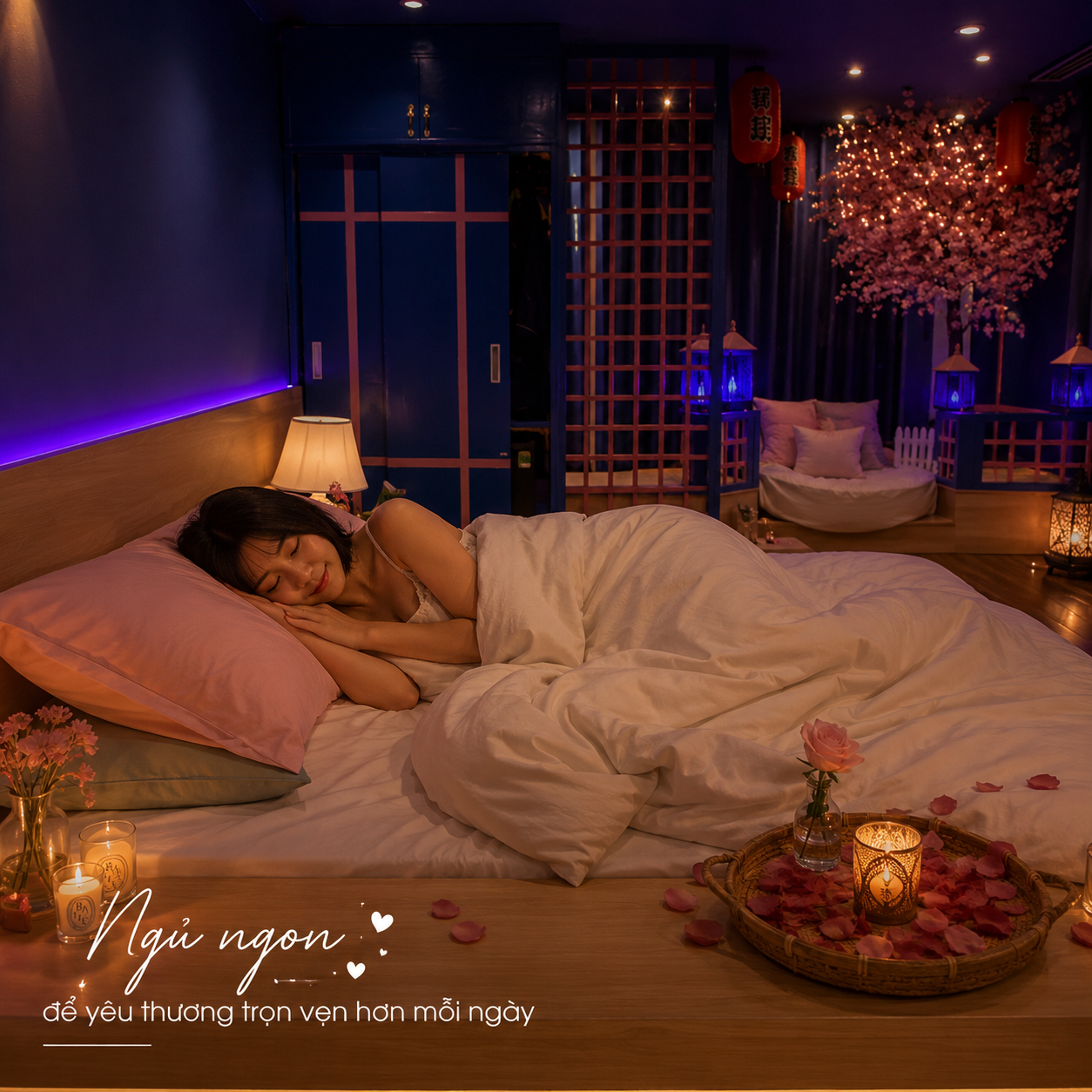 Không gian phòng ngủ lãng mạn với nệm cao cấp mang lại cảm giác ngủ ngon và thư giãn