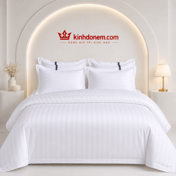 Bộ chăn ga khách sạn Cotton T250 T255 trắng sọc mềm mại chuẩn khách sạn cao cấp