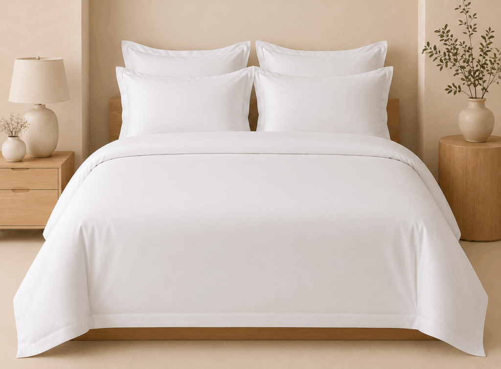 Bộ chăn ga khách sạn cotton T300 siêu mịn màu trắng sang trọng mềm mại và thoáng mát cho phòng ngủ cao cấp