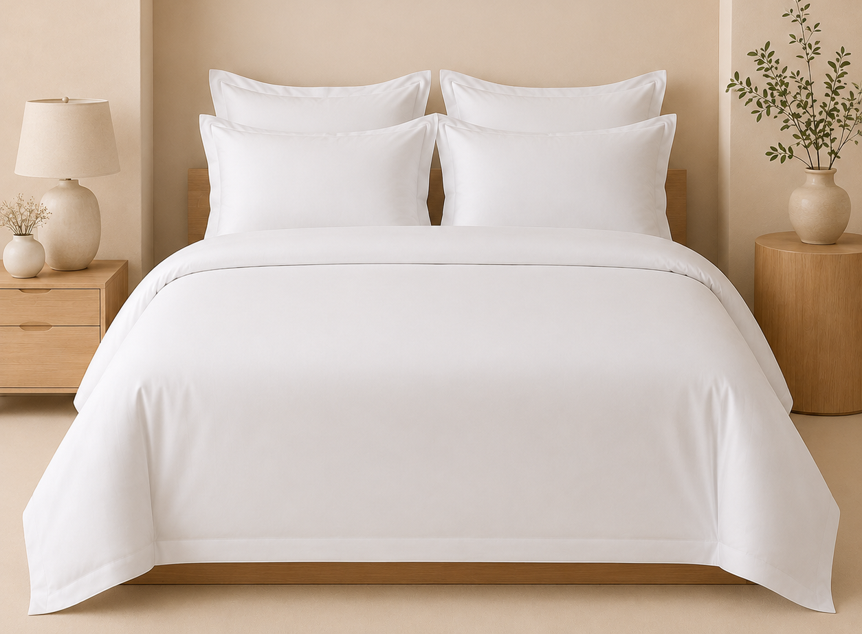 Bộ chăn ga khách sạn cotton T300 siêu mịn màu trắng sang trọng mềm mại và thoáng mát cho phòng ngủ cao cấp
