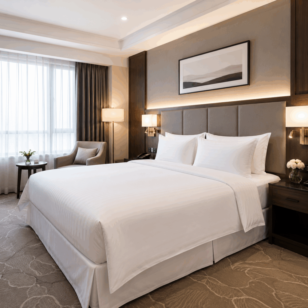 Phòng ngủ khách sạn chuyên nghiệp với bộ chăn ga màu trắng sạch sẽ, sang trọng và hiện đại.