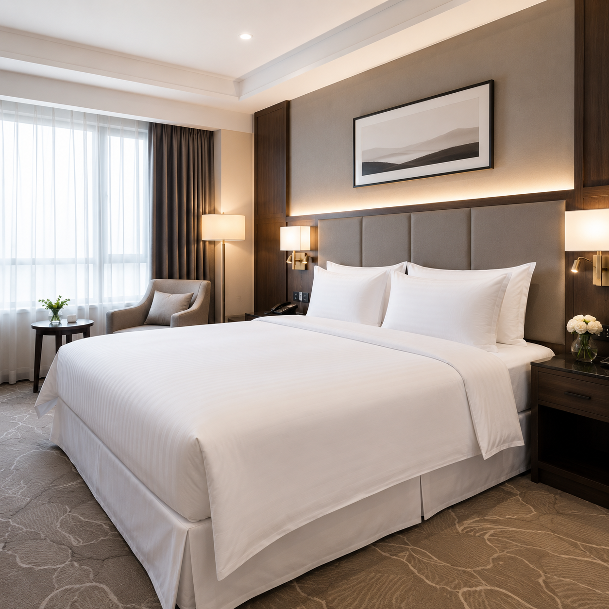Phòng ngủ khách sạn chuyên nghiệp với bộ chăn ga màu trắng sạch sẽ, sang trọng và hiện đại.
