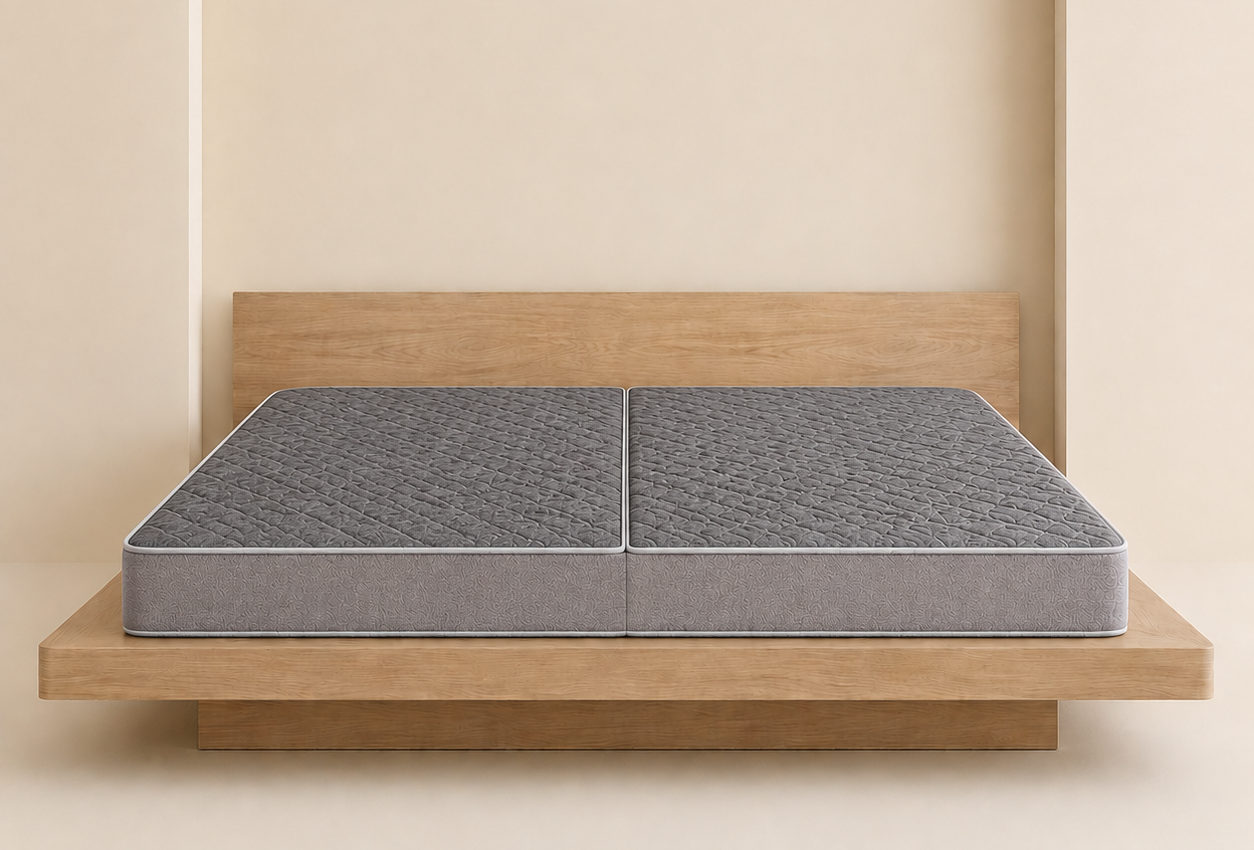 Nệm bông ép gấp 2 CosyHan chần foam màu xám hiện đại, thiết kế gấp gọn tiện lợi, đặt trên giường gỗ trong phòng ngủ tối giản sáng đẹp.