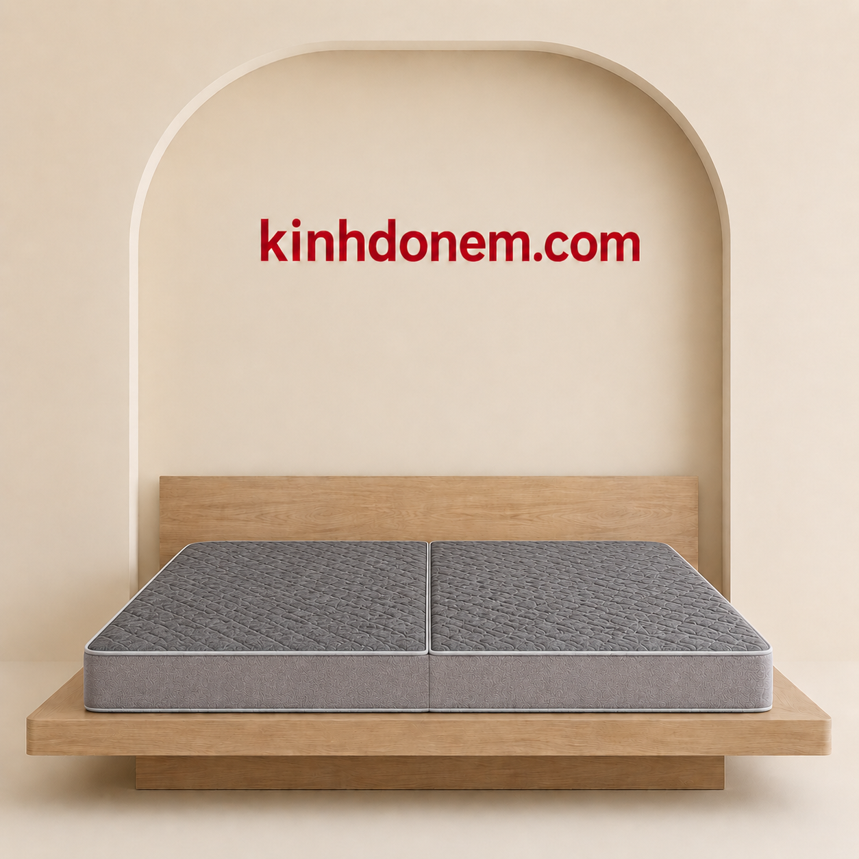 Nệm bông ép gấp 2 CosyHan chần foam màu xám hiện đại, thiết kế gấp gọn tiện lợi, đặt trên giường gỗ trong phòng ngủ tối giản sáng đẹp.